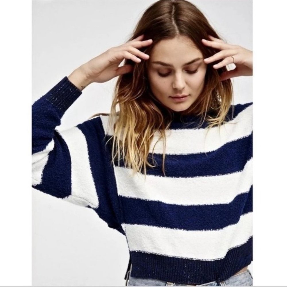 Free People CandyLand Navy Striped Crop Sweater